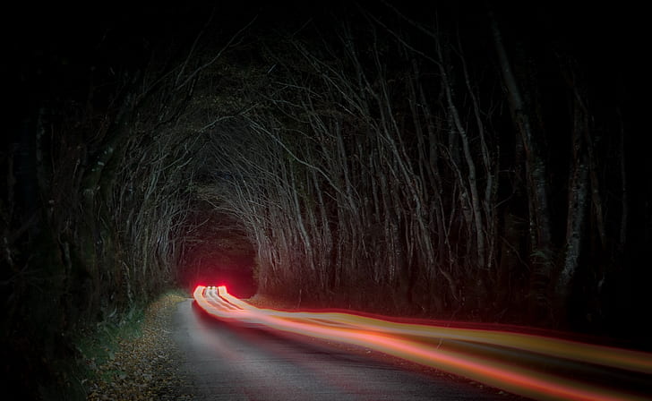 long exposure, car, dark, road, light trails