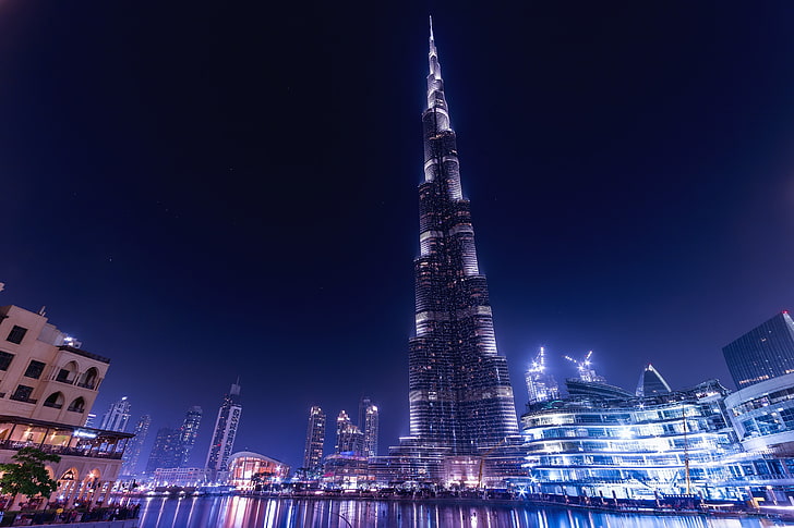 4K, Burj Khalifa, Nightscape, Dubai, Skyscraper, Burj Dubai, HD wallpaper