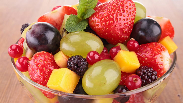 Fruits salad, berries, strawberries, mango, dessert, HD wallpaper
