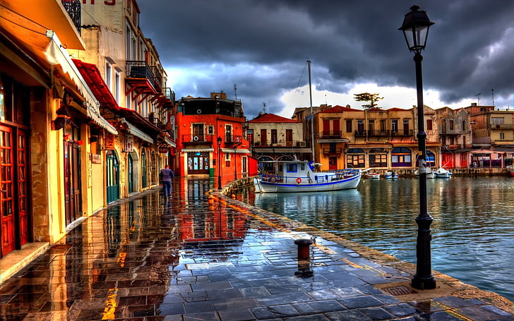 Rethymno, Greece, Night, Beach, Cafes, Street, Hdr, water, architecture, HD wallpaper