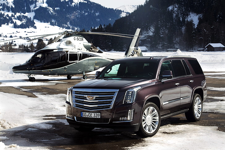brown Chevrolet SUV, snow, mountains, Cadillac, helicopter, Escalade