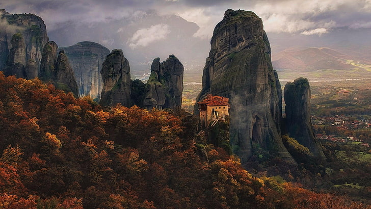 historic, foliage, monastery, autumn, europe, greece, tourist attraction, HD wallpaper