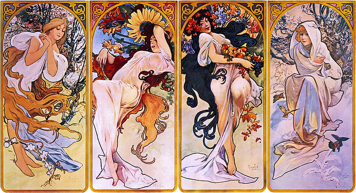 winter, autumn, summer, spring, 1895, Alphonse Mucha, Seasons