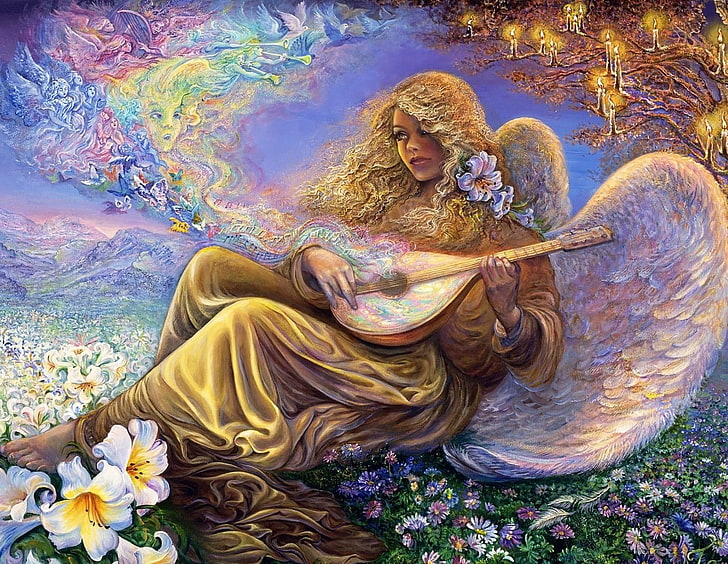Angel painting, girl, melody, music, flowers, candles, spirituality