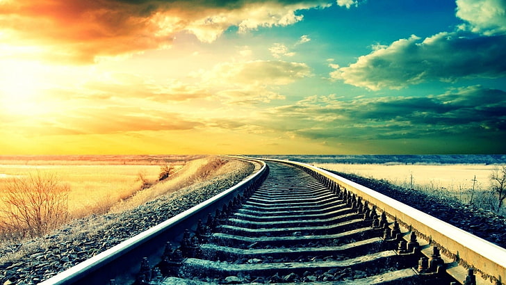 brown railway, sunset, sunlight, clouds, sky, track, cloud - sky, HD wallpaper
