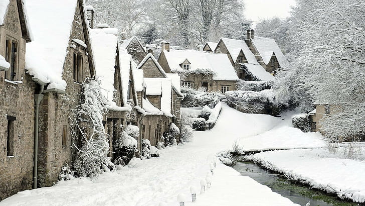 town, winter, stream, England, snow, Bibury, HD wallpaper
