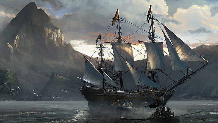 white and brown ship, Assassin's Creed, pirates, video games, HD wallpaper