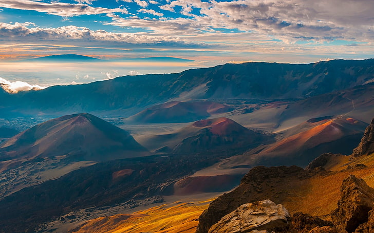 mountains, volcano, clouds, Maui, Hawaii, crater, nature, landscape