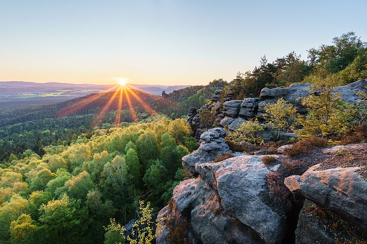rock mountain surrounded by green leaves tree during sunrise, HD wallpaper