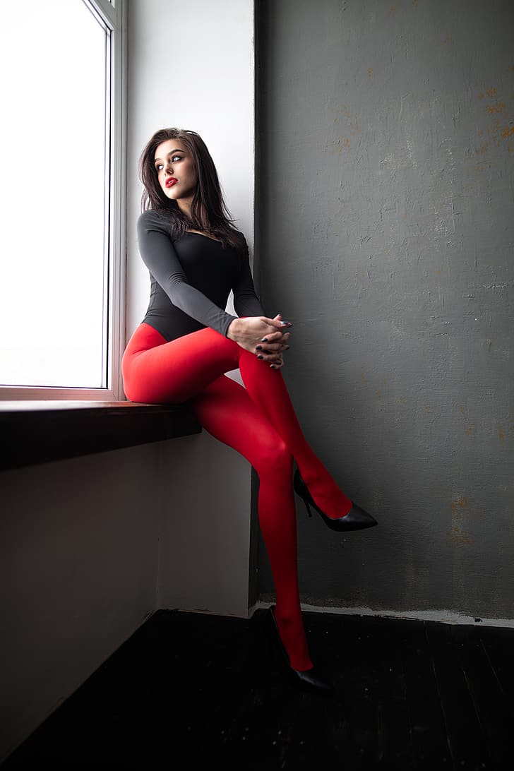 Dmitry Shulgin, women, brunette, red, legs crossed, black, window, HD wallpaper