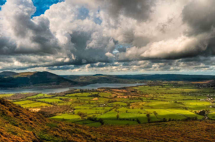landscape photography of green grass field near body of water under cumulus nimbus clouds, bassenthwaite lake, cumbria, bassenthwaite lake, cumbria