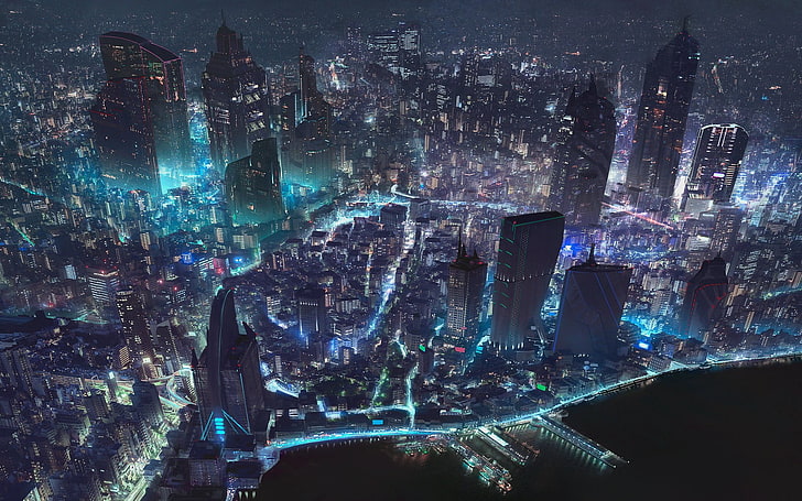 aerial view photography of cityscape during night time, digital art