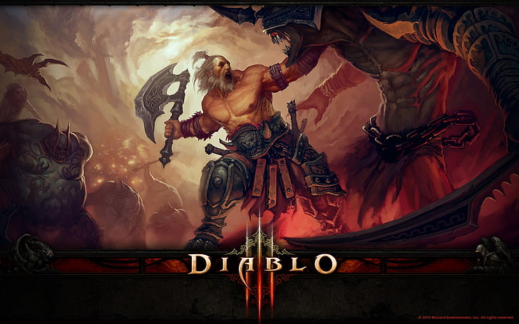 Diablo III, representation, art and craft, text, low angle view