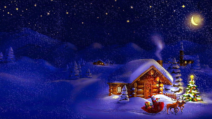 merry christmas, happy new year, village, santa, sleigh, reindeer, HD wallpaper
