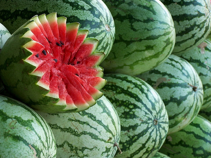 green watermelons, water-melons, half, ripe, cut, fruit, food, HD wallpaper