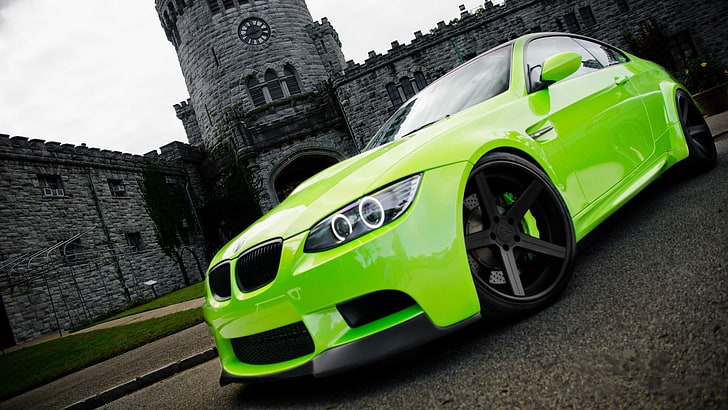 neon green BMW car, BMW M3 , green cars, mode of transportation