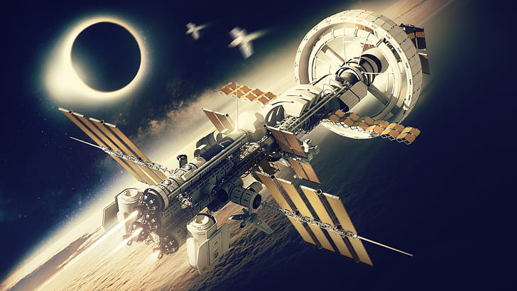 Futuristic space station on strange planet in orbit Stock Illustration |  Adobe Stock