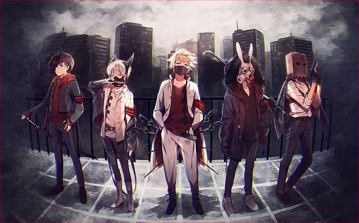 five anime characters, original characters, short hair, blue eyes, HD wallpaper
