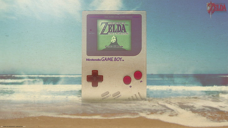gray Nintendo Game Boy showing The Legend of Zelda game, GameBoy