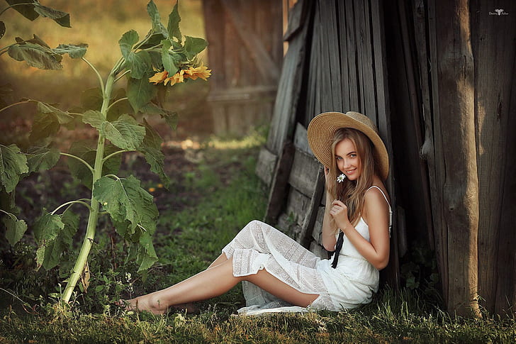 look, girl, smile, mood, sunflower, hat, Dmitry Arhar