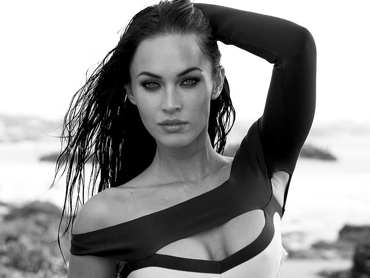 woman's face, Megan Fox, monochrome, arms up, actress, young adult