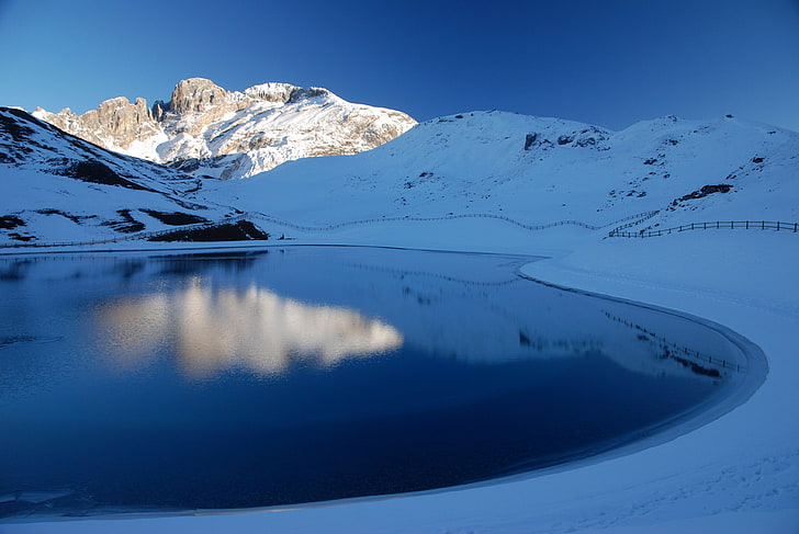 lake, mountains, snow, reflection, winter, cold temperature, HD wallpaper