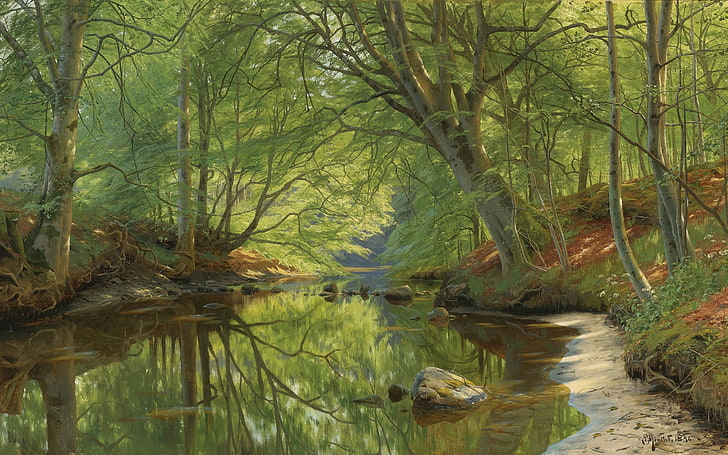 1896, Danish painter, Forest stream, Peter Merk Of Menstad, HD wallpaper