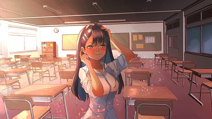 Nagatoro Hayase, tan, classroom, tongue out, blushing, smiling, HD wallpaper