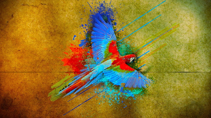 blue and red floral wreath, parrot, birds, colorful, flying, multi colored, HD wallpaper