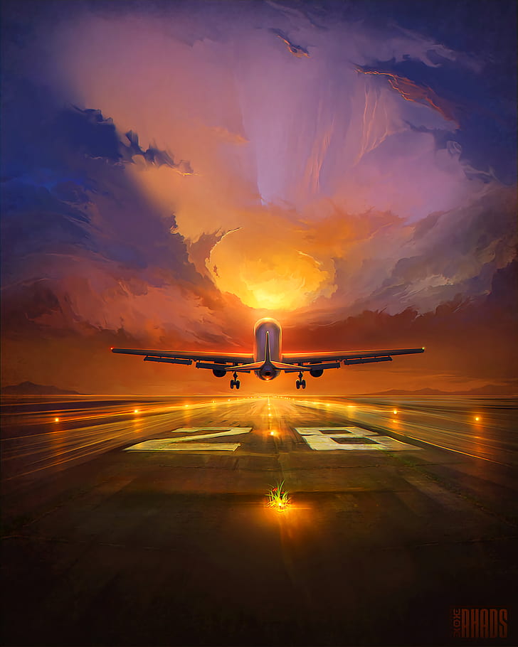 plane, runway, art, sunset, sky, HD wallpaper