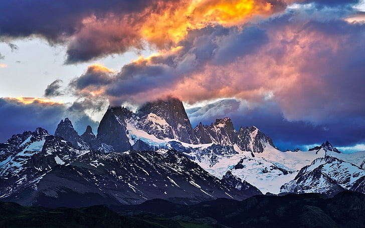 nature, landscape, mountains, sunset, clouds, snowy peak, sky, HD wallpaper