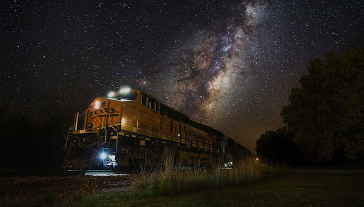 train night lights milky way landscape nature galaxy railway stars grass shrubs long exposure machine technology south dakota