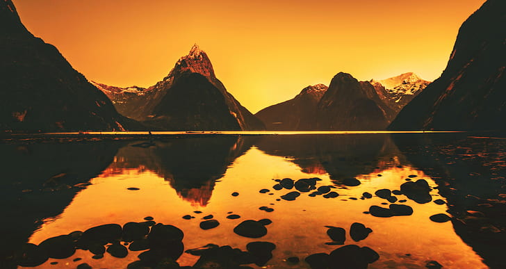 photography, mountains, lake, sunset, orange, nature, landscape