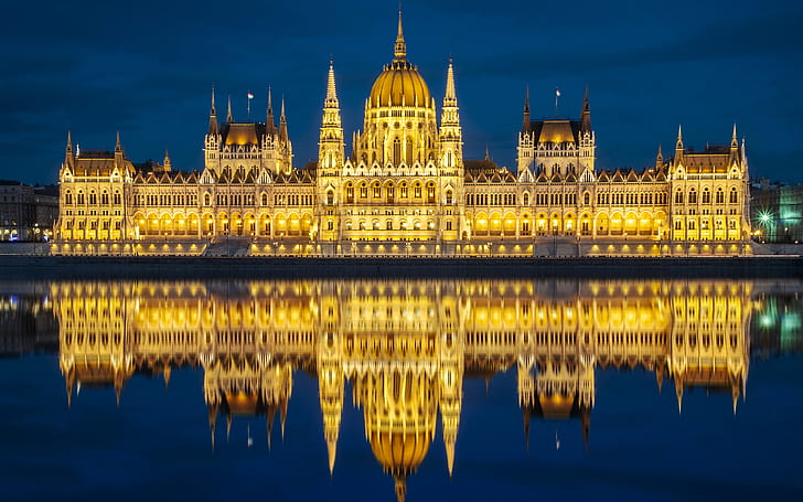 Hungarian Parliament Building In Budapest Hungary Reflection Night Photography 4k Ultra Hd Desktop Wallpapers 3840х2400