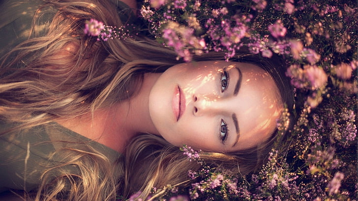 woman illustration, woman beside pink flowers in close up photography
