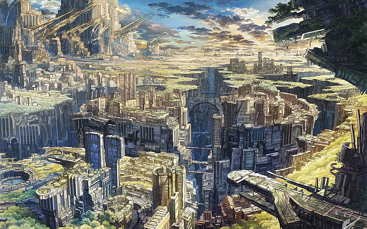 high-rise building digital wallpaper, anime, artwork, building exterior