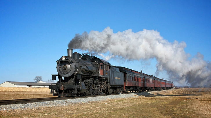 Steam Train, black and brown exhaust train, transportation, trains