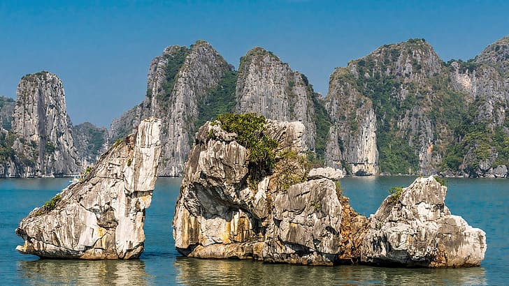 nature, landscape, rocks, mountains, sea, limestone, bay, Ha Long Bay