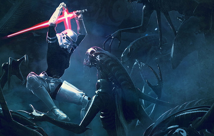 Stormtrooper battling Alien Xenomorph wallpaper, digital art
