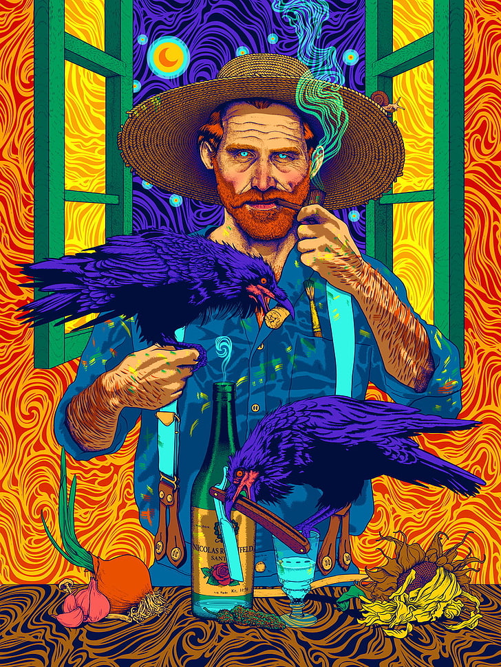 Vincent van Gogh, smoking, colorful, abstract, crow, paint brushes