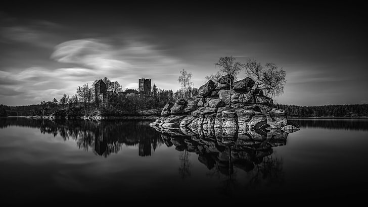 architecture, castle, ancient, tower, trees, monochrome, photography
