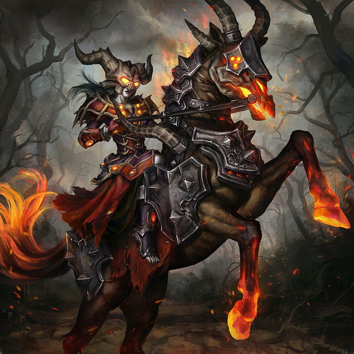 horse, undead, fire, World of Warcraft, World of Warcraft Legion, HD wallpaper