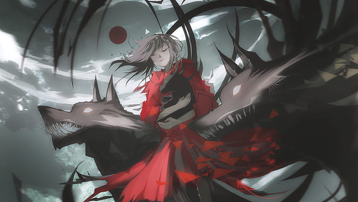 anime girls, Red moon, wolf