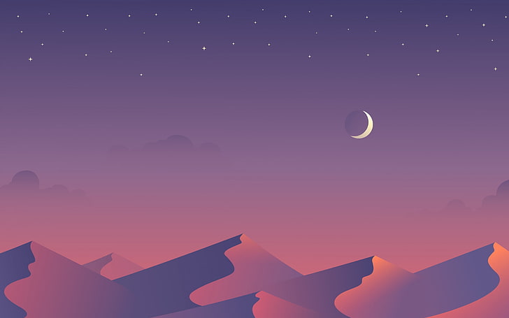 moon illustration, desert, stars, night, minimalism, dunes, artwork
