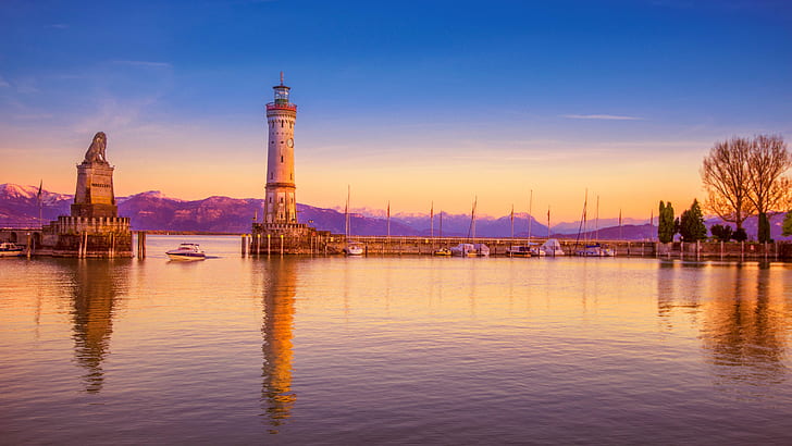 germany, lighthouse, lindau lighthouse, reflection, landmark, HD wallpaper