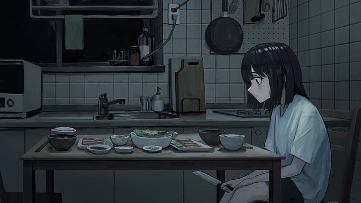 HD wallpaper: anime girls, depressing, eating, thinking, kitchen ...