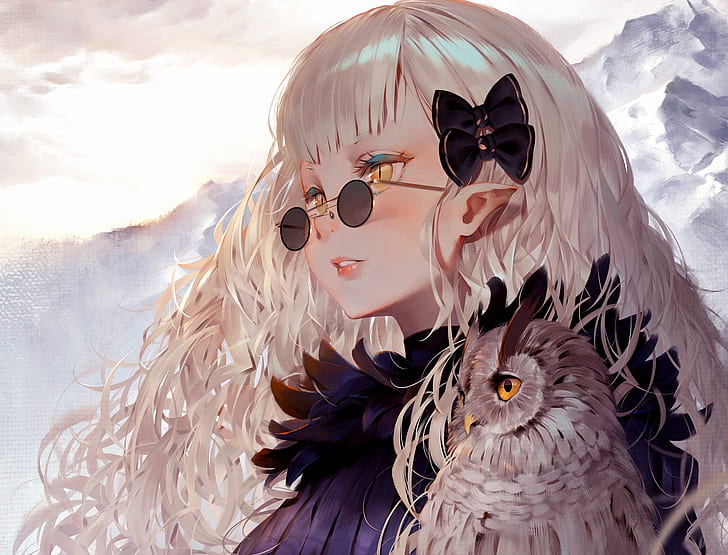 HD wallpaper: Girl, long hair, anime, art, birds, glasses, artwork, owl,  sweater | Wallpaper Flare