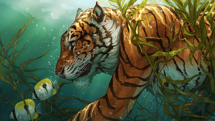 brown and black tiger illustration, animals, artwork, fish, bubbles