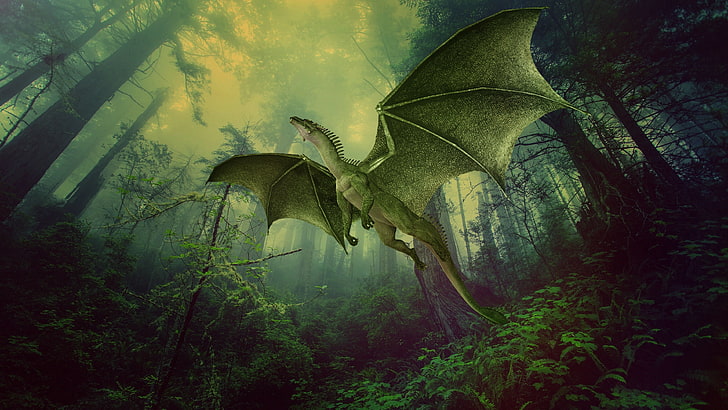 green, dragon, forest, mythical creature, jungle, fictional character, HD wallpaper