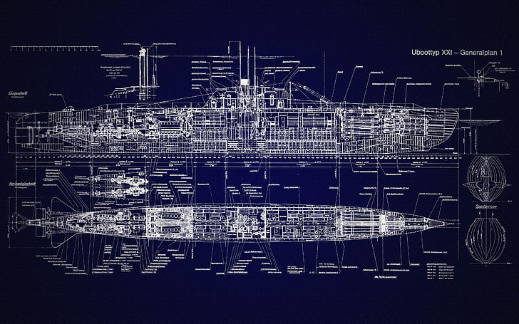 blueprints, submarine, U-Boat, Type XXI, schematic